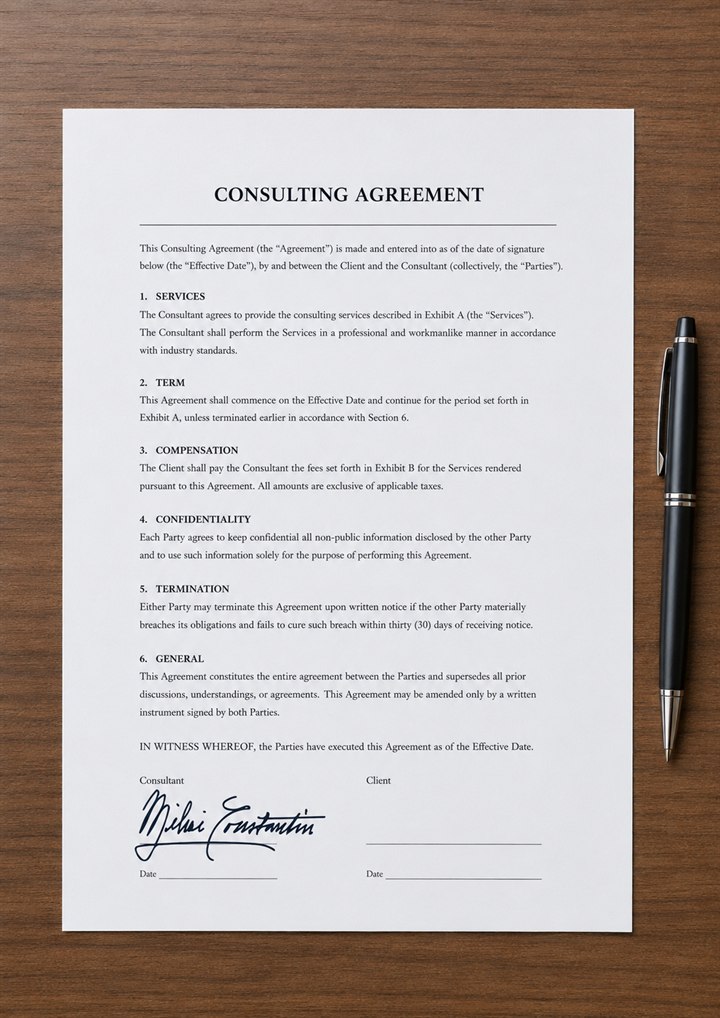 A consulting agreement on a desk with the vectorized handwritten signature placed on its signature line